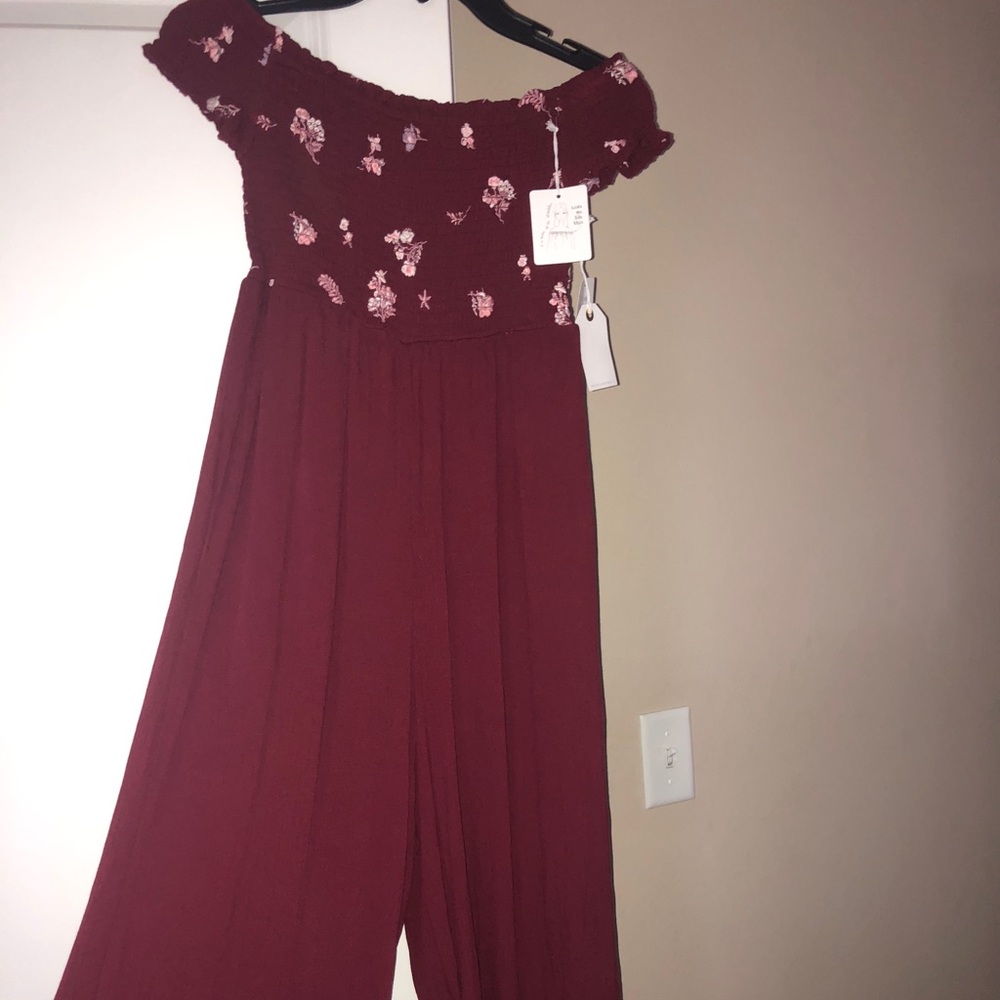 Maroon off-the-shoulder jumpsuit